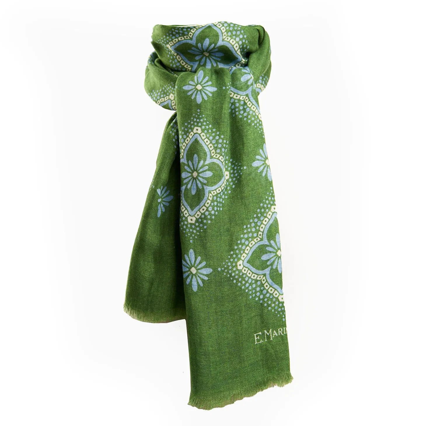 Olive Green Cotton And Linen Scarf - Light Blue Macro Flowers