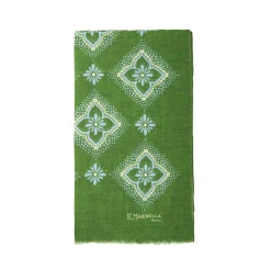 Olive Green Cotton And Linen Scarf - Light Blue Macro Flowers