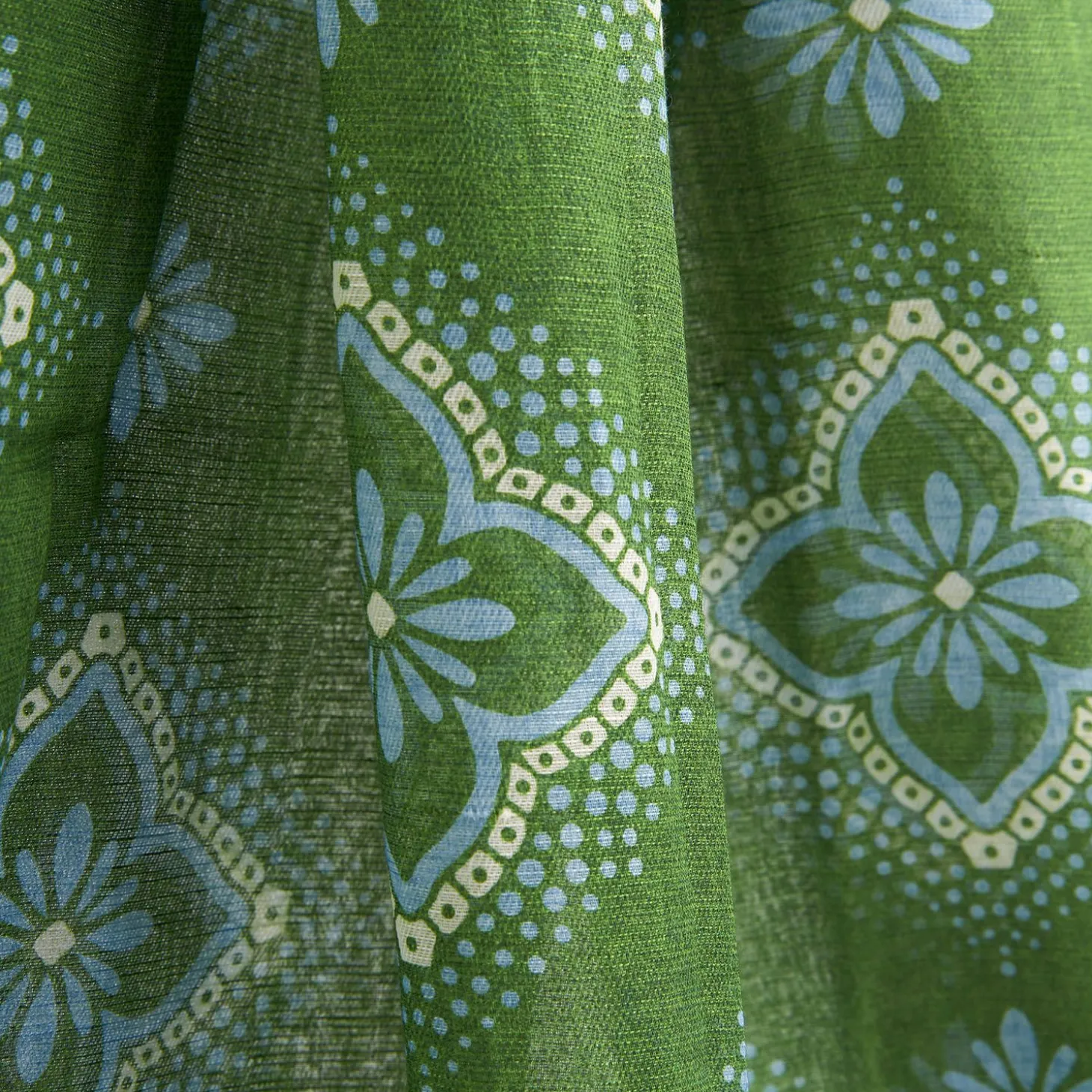 Olive Green Cotton And Linen Scarf - Light Blue Macro Flowers