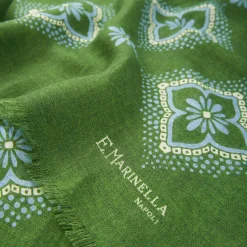Olive Green Cotton And Linen Scarf - Light Blue Macro Flowers