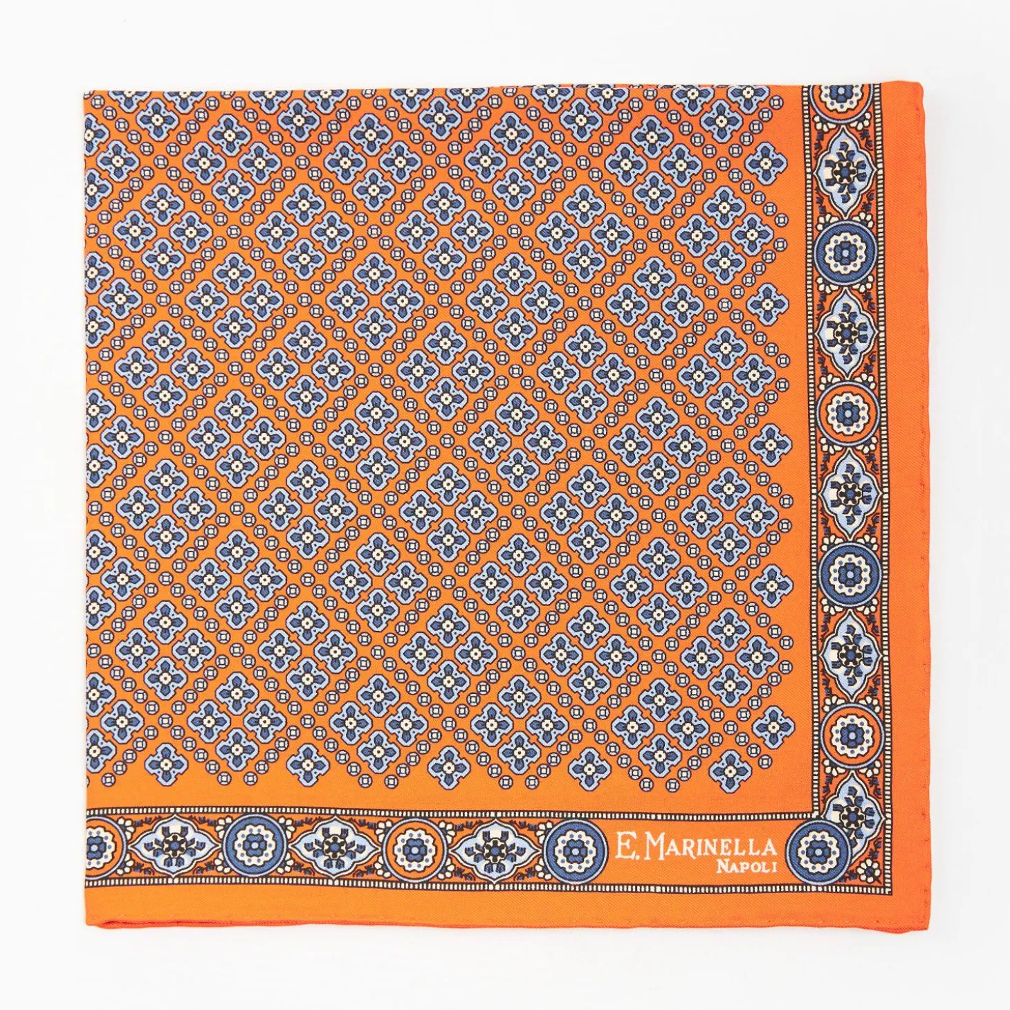 Orange Hand-Printed Silk Pocket Square Large Flower Pattern