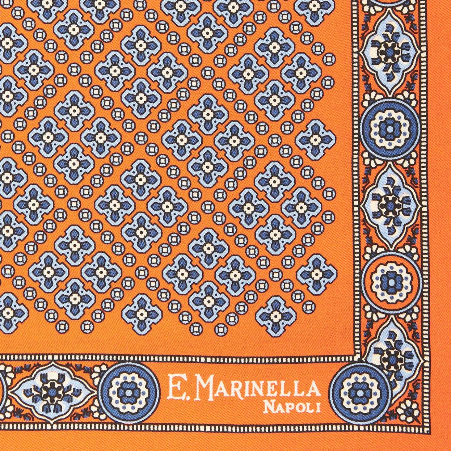 Orange Hand-Printed Silk Pocket Square Large Flower Pattern