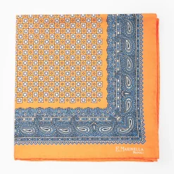 Orange Hand-Printed Silk Pocket Square Large Flower Pattern