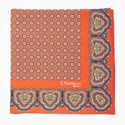 Orange Hand-Printed Silk Pocket Square Small Flower Pattern