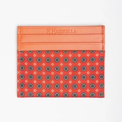 Orange Leather And Silk Credit Card Holder - 5 Compartments