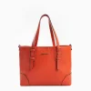 Orange Textured Leather Midi Tote Bag