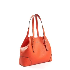 Orange Textured Leather Midi Tote Bag