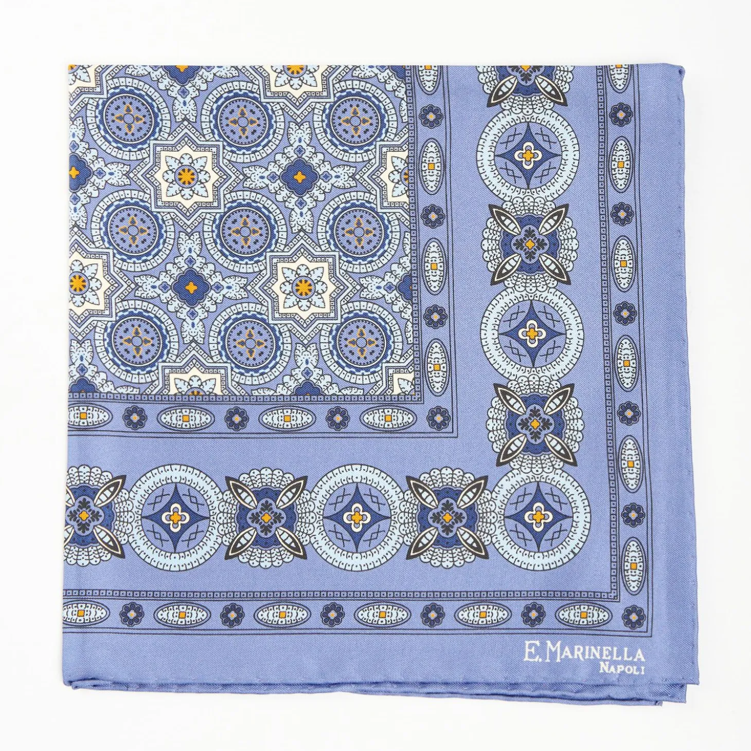 Powder Blue Hand-Printed Silk Pocket Square Large Flower Pattern