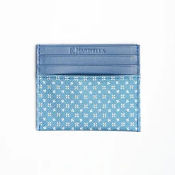 Powder Blue Leather And Silk Credit Card Holder - 5 Compartments