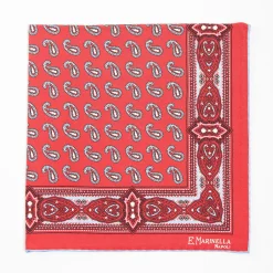 Red Hand-Printed Silk Pocket Square - Paisley Pattern