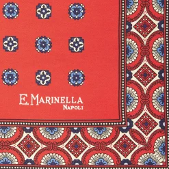 Red Hand-Printed Silk Pocket Square Large Flower Pattern
