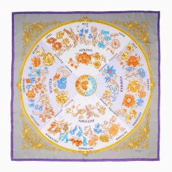 Violet And Taupe Silk Scarf 90 - The Wheel Of Seasons