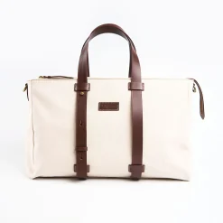 White Canvas Weekend Bag With Leather Trim