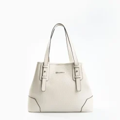 White Textured Leather Midi Tote Bag