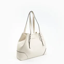 White Textured Leather Midi Tote Bag