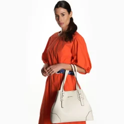 White Textured Leather Midi Tote Bag