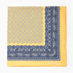Yellow Hand-Printed Silk Pocket Square Large Flower Pattern